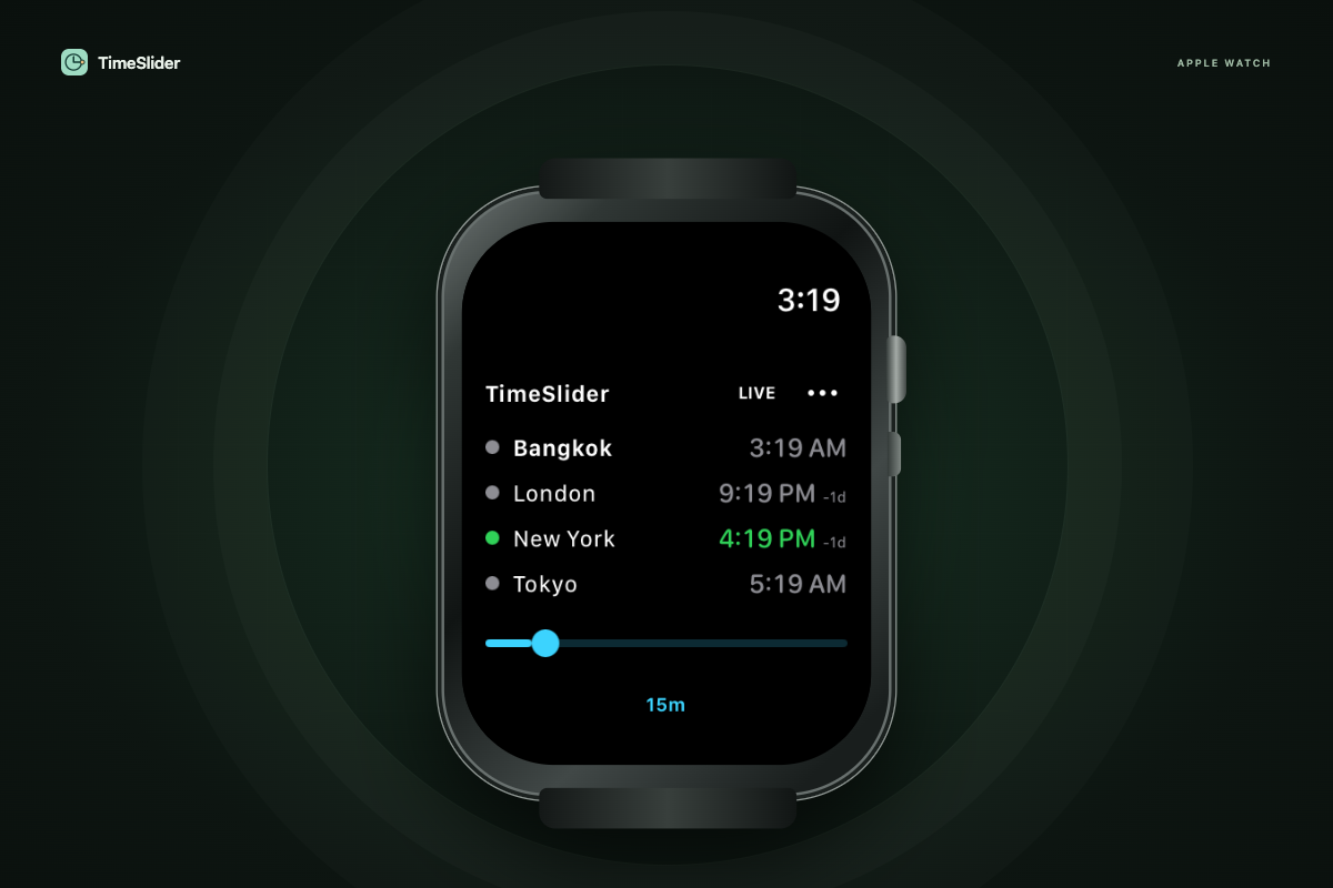 TimeSlider’s watchOS simulator screen showing four compact city clocks, Live, a thin touch timeline and a 15-minute step setting inside an illustrated Apple Watch.