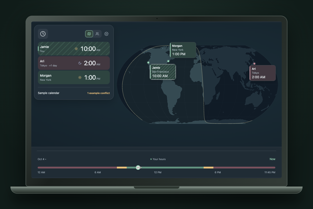 The TimeSlider app interface showing a sample team’s world map and shared timeline in a desktop device mockup.