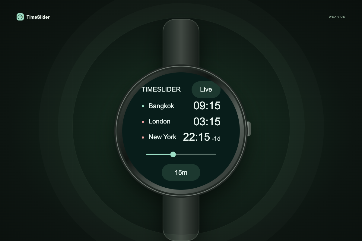 Code-based Wear OS watch mockup showing three compact city times, availability dots, one timeline, Live and a scan-step setting.