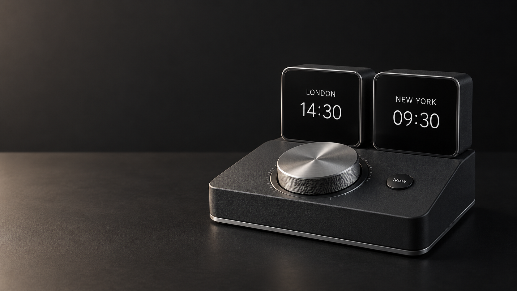 Howard Dondrell concept render: two world-clock displays above a silver rotary dial and Now button.